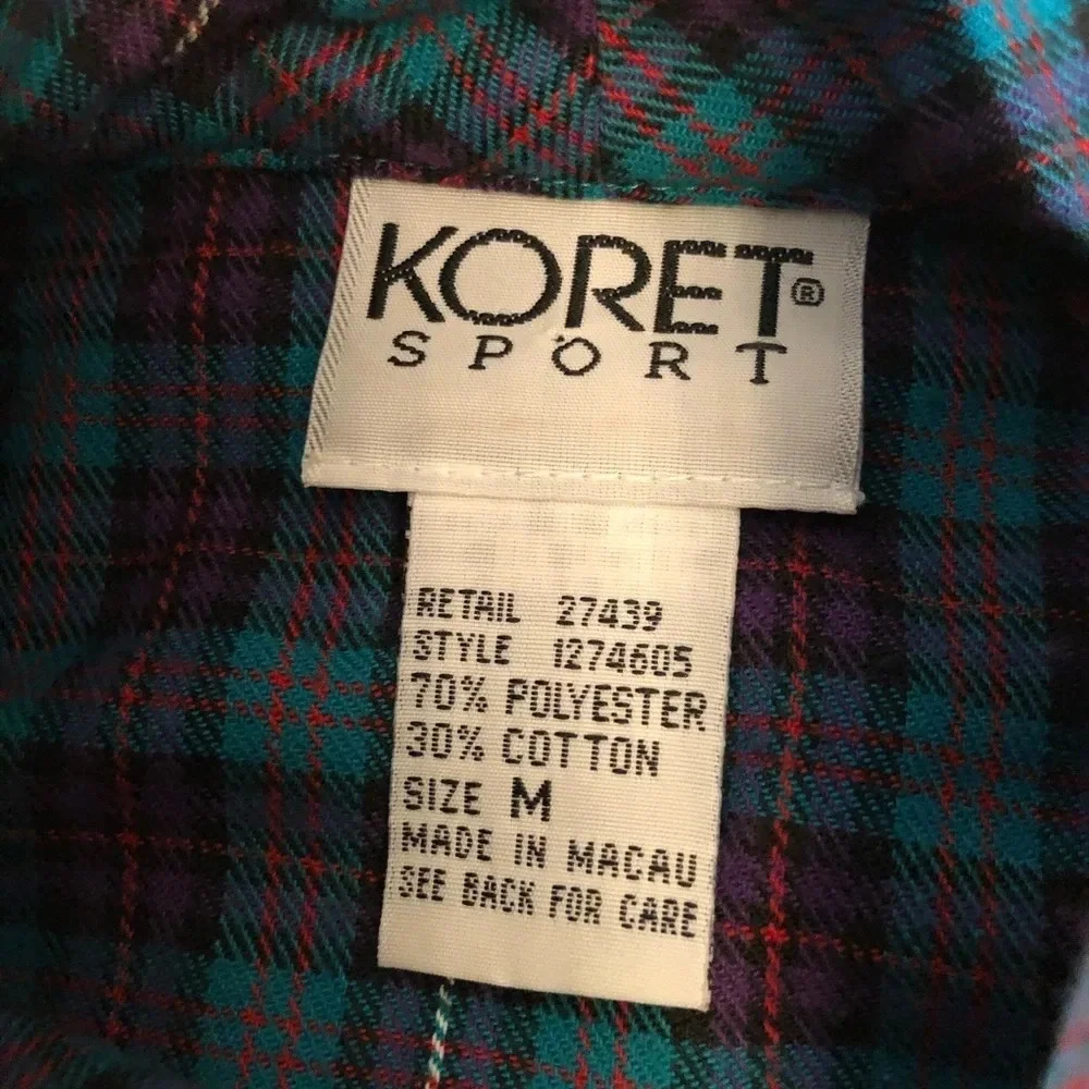 KORET SPORT Vintage Turquoise Pullover Funnel Neck Zip Plaid Patchwork Sweater